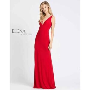 NWT Ieena for Mac Duggal Womens Red Sleeveless Plunge Neck Gown Dress Size 0
